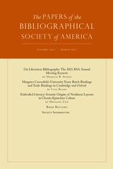 cover of The Papers of the Bibliographical Society of America, volume 116 number 1 (March 2022)