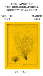 cover of The Papers of the Bibliographical Society of America, volume 117 number 1 (March 2023)