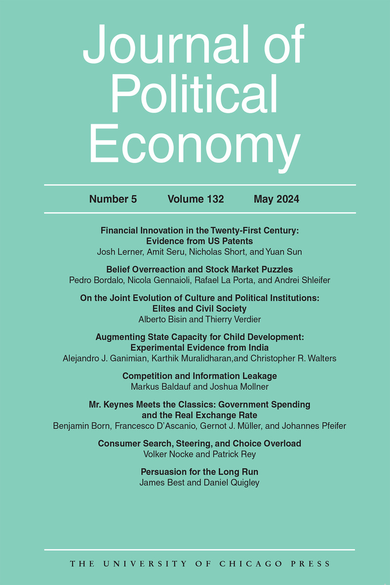 front cover of Journal of Political Economy, volume 132 number 5 (May 2024)