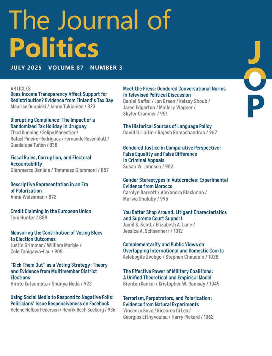 The Journal of Politics, volume 87 number 3 (July 2025) (9780226005317 ...