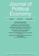 front cover of Journal of Political Economy, volume 131 number 1 (January 2023)