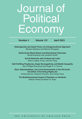 front cover of Journal of Political Economy, volume 131 number 4 (April 2023)